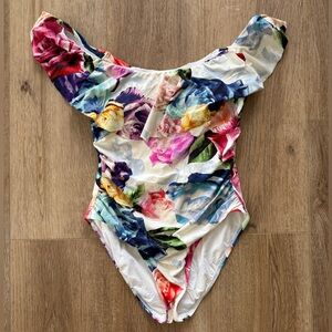 La Blanca Floral One-Piece island goddess ruffle off the shoulder Swimsuit 12